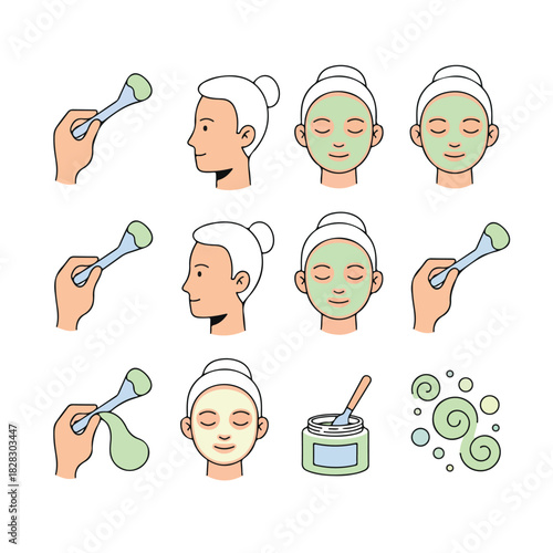 Facial skincare routine with mask and applicator