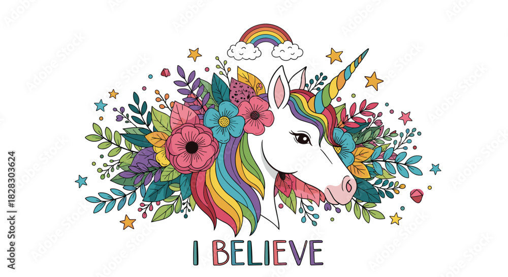 Naklejka premium A magical unicorn with a rainbow mane and floral decorations, surrounded by leaves and stars with the text 'I Believe'.