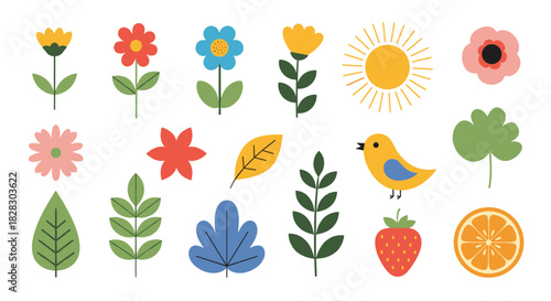 A cute collection of flat design elements including colorful flowers, leaves, a sun, a bird, and fruits like strawberry and orange.