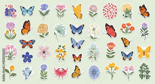 A large and colorful collection of butterfly and flower stickers with a white border, perfect for scrapbooking and decoration.
