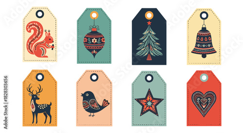 A collection of eight vintage-style gift tags with folk art illustrations of Christmas animals, ornaments, and symbols on pastel backgrounds.