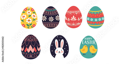A festive set of seven decorated Easter eggs with various folk art patterns, flowers, a bunny, and chicks for the holiday.