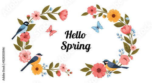 A charming 'Hello Spring' card design with a floral frame of colorful flowers, branches, and birds, with butterflies flying in the center.