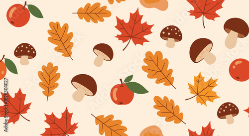 A warm and cozy seamless autumn pattern featuring colorful maple and oak leaves, mushrooms, and red apples on a light background.