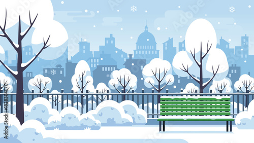 Winter park scene with snow-covered trees, a green bench, and a distant city skyline under a cold sky.