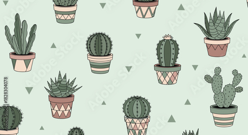 A cute seamless pattern of various hand-drawn cacti and succulents in patterned pots on a soft green background with small triangles.