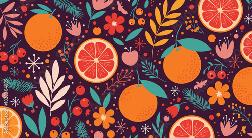 A festive and seamless winter pattern with bright oranges, red berries, flowers, and snowflakes on a rich, dark purple background.