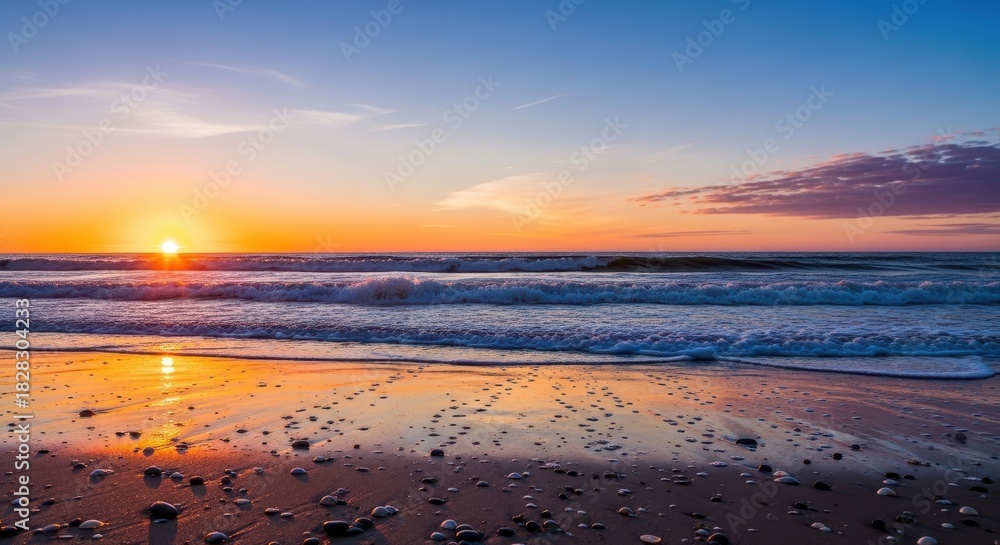 Obraz premium Golden hour serenity: Beach coastline bathed in warm light and tranquil waves
