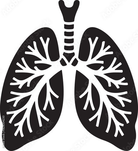 Black and white minimalist illustration of human lungs and trachea respiratory system