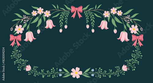 An elegant floral frame with pink bellflowers, blossoms, and green leaves, accented with pink bows on a dark teal background.
