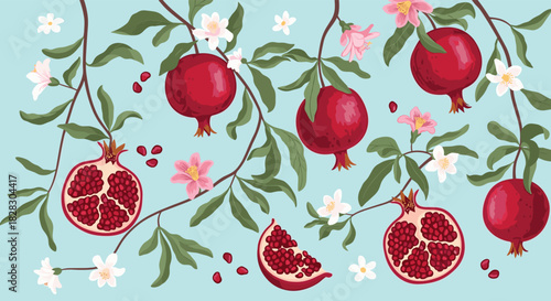 A beautiful botanical illustration of pomegranate branches with ripe red fruits, delicate flowers, and green leaves on a blue background.