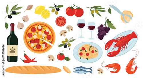 A large collection of Italian food and ingredients, including pizza, pasta, wine, seafood, and fresh vegetables in a flat design style.