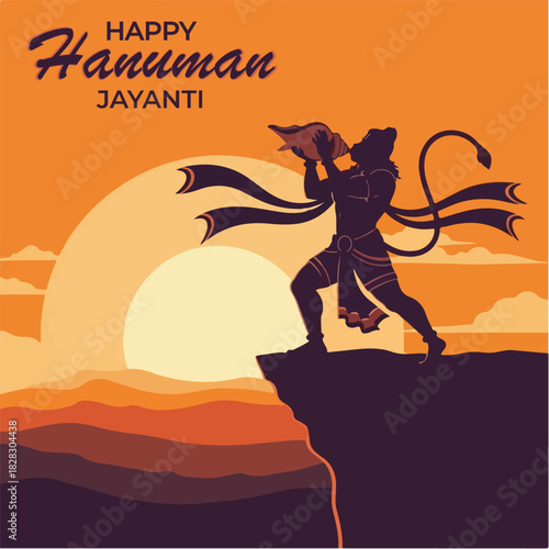 Minimal silhouette vector of Hanuman playing a large conch shell on the edge of a cliff at sunrise, using only deep orange and dark violet flat colors with a large sun disk and flowing scarf 