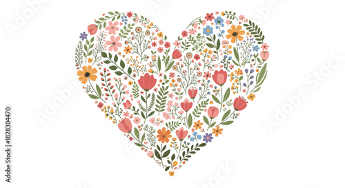 A heart shape beautifully composed of a variety of colorful wildflowers and green leaves, symbolizing love for nature and romance.