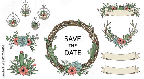 A rustic wedding invitation design set with a 'Save the Date' wreath, floral banners, antlers, and hanging terrariums with succulents.