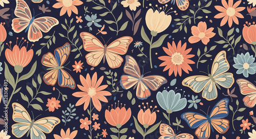 A beautiful seamless pattern with delicate butterflies and various wildflowers in warm, earthy tones on a dark blue background.