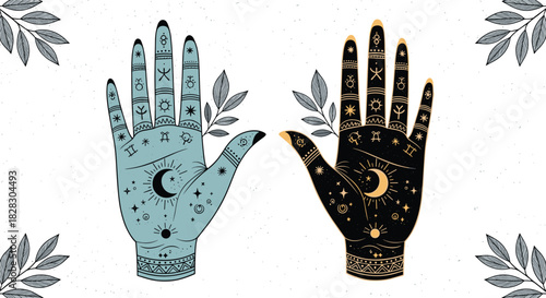 Two mystical hands decorated with astrological and celestial symbols for palmistry, one light and one dark, against a speckled background.