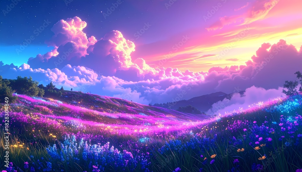Fototapeta premium Vibrant Fantasy Landscape with Glowing Fields and Dreamy Sky.
