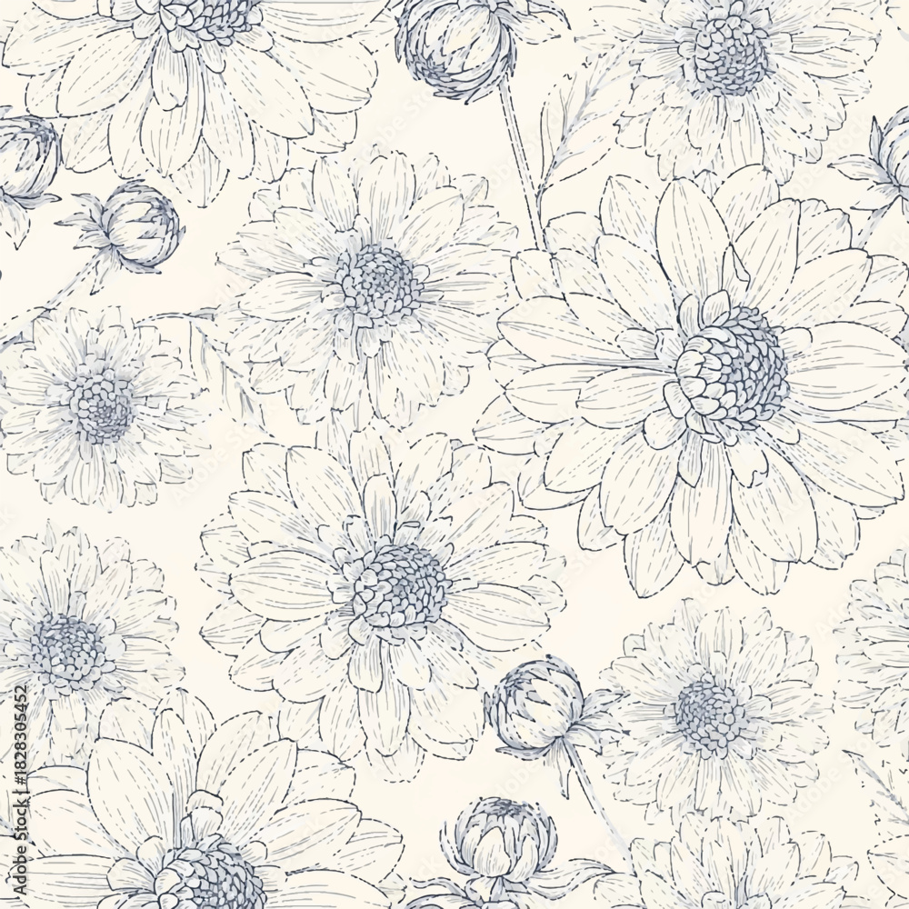 Obraz premium Delicate hand-drawn floral pattern featuring chrysanthemums and dandelions in a charming sketch style