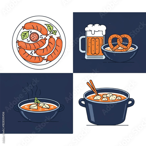 German Food Set Sausages, Beer, Pretzel, and Potato Soup in Vector Style