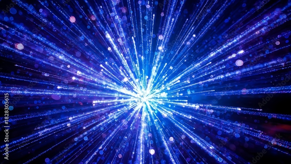 Obraz premium A burst of blue light emanating from a central point with radiating lines and bokeh effects all around it