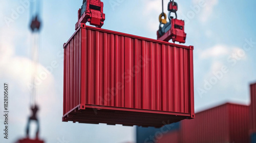 A red shipping container suspended from a crane in an industrial setting with blurred similar containers in the background.