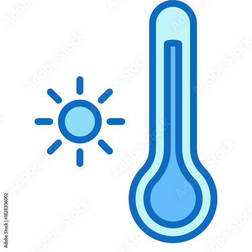 High Temperature Blue Fill Icon Design Vector - thermometer with sun symbol representing heat, fever, hyperthermia, and temperature monitoring