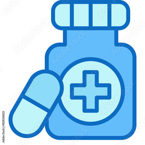 Medicine Bottle Blue Fill Icon Design Vector - pill bottle with capsules, symbolizing medication, prescription drugs, and health treatment