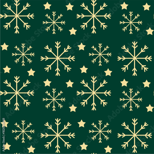 Festive Dark Green Snowflake Pattern With Stars: Holiday Winter Design for Wrapping, Fabric, and Decor