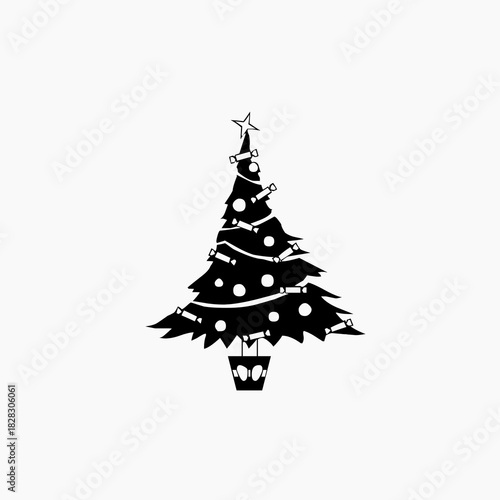 A simple black silhouette icon of a decorated conical Christmas tree in a pot, adorned with lights, ornaments, and topped with a star.