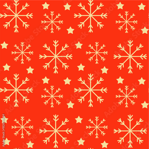 Festive Red Snowflake Pattern With Stars: Holiday Winter Design for Wrapping, Fabric, and Decor