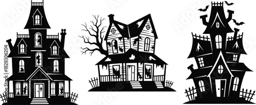 Cartoon haunted houses, spooky Halloween clipart, eerie architecture illustration, broken fence design, bats and trees, scary building vector, horror theme, creepy style, night scene