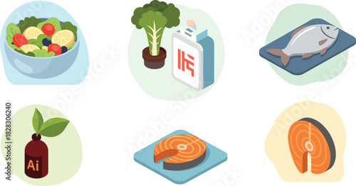 Cartoon healthy food illustration, nutrition elements vector, fish and vegetable artwork, supplement and salad design, child-friendly style, balanced diet theme, wellness concept graphic
