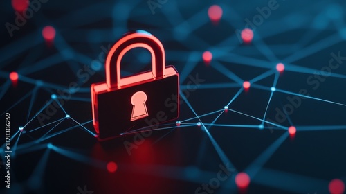 A glowing red padlock hovers over a dark, abstract network of lines and nodes, representing cybersecurity and data protection.