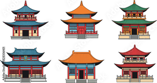 Collection of colorful traditional East Asian temple and pagoda architecture vector set, representing Chinese, Japanese, and Korean historical buildings