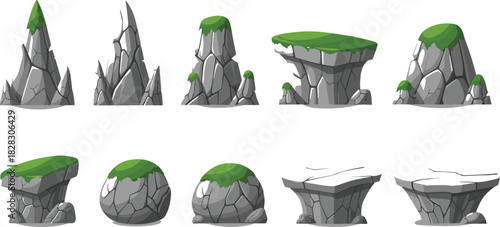Cartoon set of rocky islands, cliffs, and stone platforms covered in grass, ideal for creating game environments, landscapes, and fantasy world elements vector