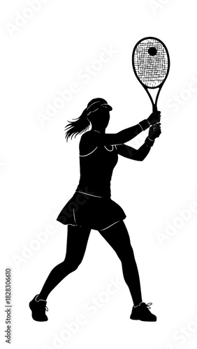 Dynamic tennis player silhouette in action pose, ready to strike the ball with power and precision, conveying athleticism and energy, originally a scalable vector graphic