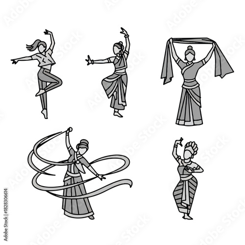 Indian classical dance poses and gestures, featuring a variety of graceful movements and traditional attire