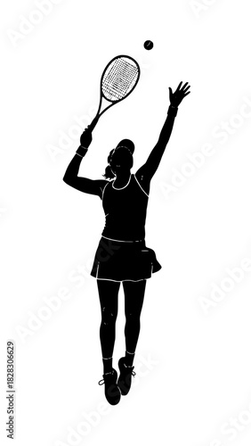 Dynamic tennis player poised to serve with power and grace, a silhouette showcasing athleticism and skill, perfect for sports marketing and fitness promotions