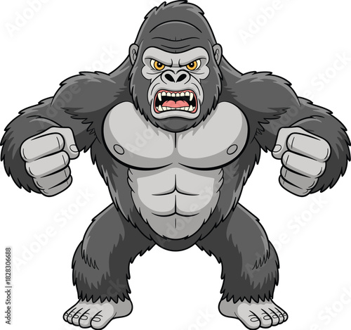 Cartoon illustration of muscular gorilla, aggressive stance clenched fists intense expression, animal character clipart, vector drawing, isolated background, jungle strength concept
