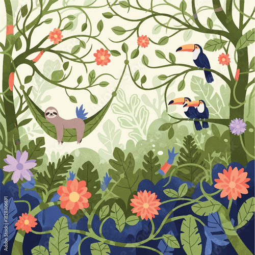 Vibrant Jungle Scene with Lazy Sloth and Toucans Amidst Lush Foliage and Colorful Flowers