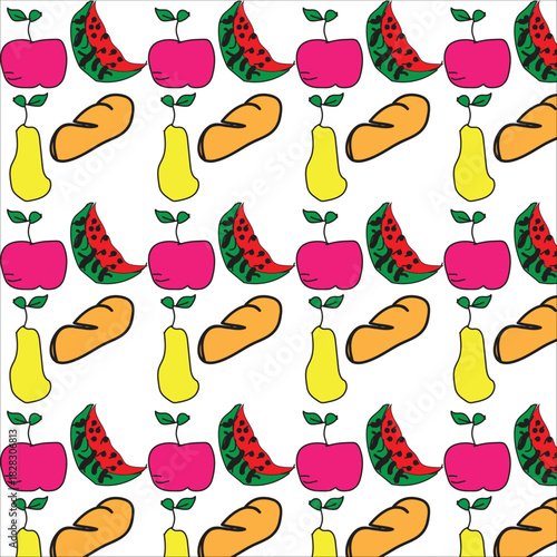 Seamless Fruit Pattern IllustrationFeaturing Various Fruits Such as apples,watermelons,pears,and other oval shapes.Ideal for use in textiles,fabric design,wrapping paper,backgrounds,home decor,web.