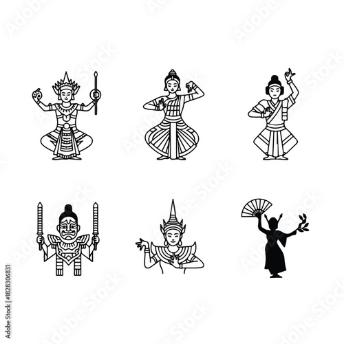 A collection of stylized traditional Asian dance illustrations featuring intricate costumes and expressive poses, ideal for cultural event designs and decorative elements