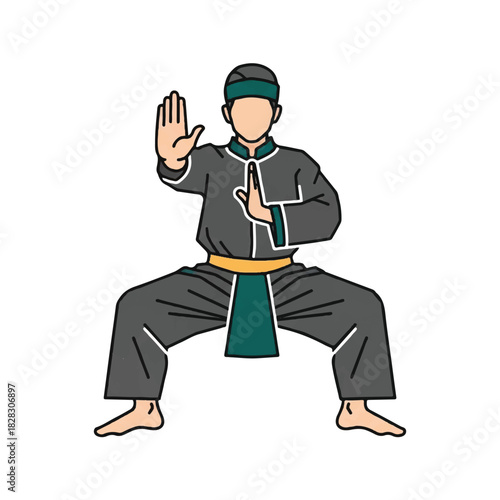 Vector illustration of a man practicing the Pencak Silat martial art in a traditional uniform and defensive stance, isolated on a white background