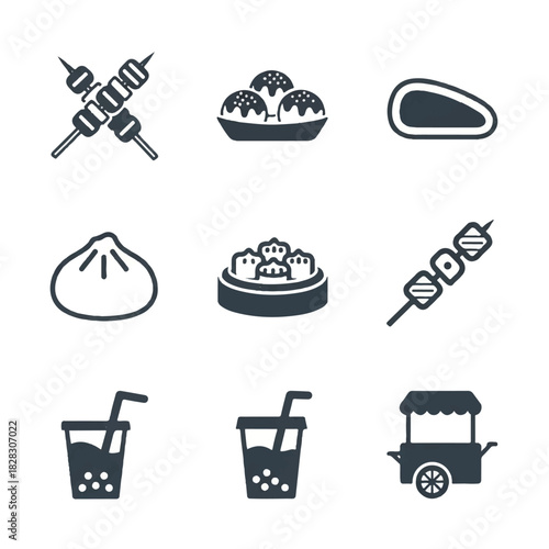 Vector icon set of Asian street food, featuring skewers, dumplings, bubble tea, and a food cart for restaurant menus and graphic design