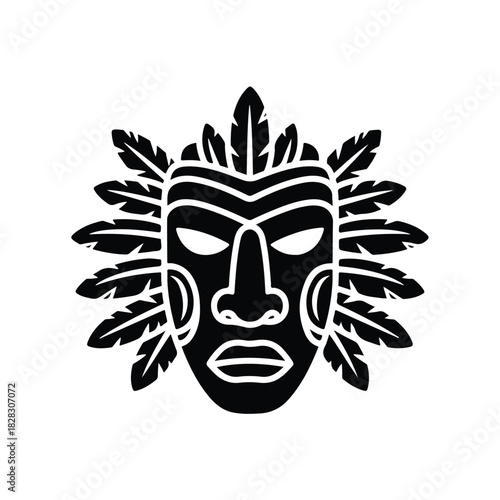 Ancient tribal mask with a traditional feather headdress, isolated vector icon. Ethnic spiritual symbol and cultural graphic design element