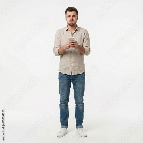 Disappointed young man standing full body, holding a smartphone with a sad expression, looking downcast against a white studio background, contemplating a message or bad news