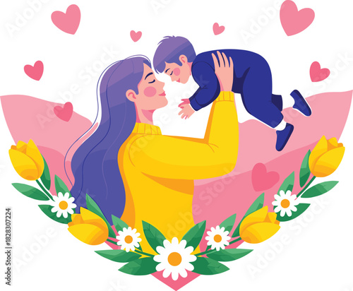 Happy Mother's Day vector illustration, showing a loving mother holding her cheerful son surrounded by decorative flowers and hearts, symbolizing love