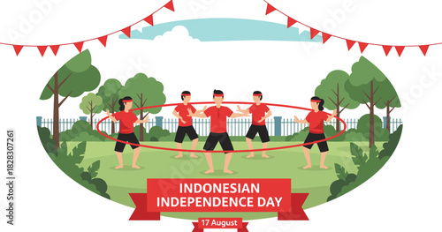 Indonesian Independence Day celebration on 17 August, featuring people playing traditional outdoor rope jumping games in a festive park vector