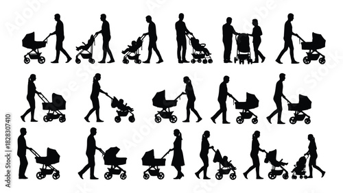 Silhouettes of parents with strollers isolated on white background, Vector